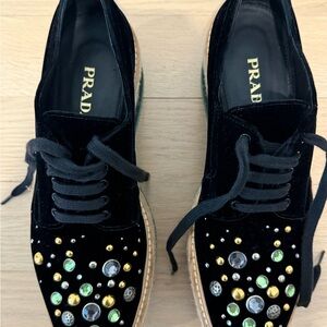 Prada Black Velvet Spazzolato Shoes with Jewel Accents